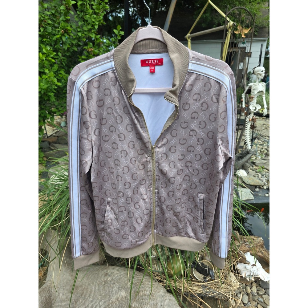 Guess Los Angeles Monogram Track Jacket Tan Brown Logo Zip Up Womens XL